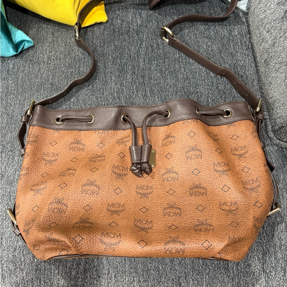 MCM Tan and Brown Logo Shoulder Bag